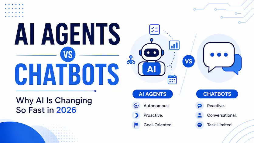 AI agents vs chatbots comparison graphic showing how AI is changing in 2026, with AI agents portrayed as autonomous and goal-oriented and chatbots as reactive and conversational.