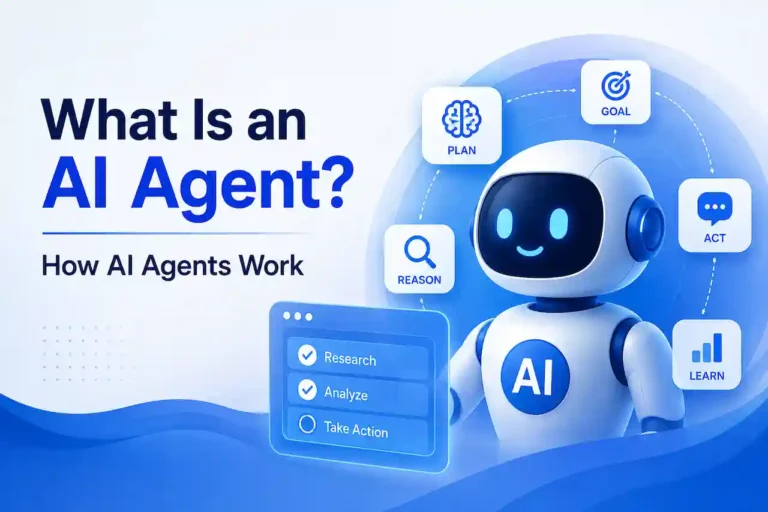 What Is an AI Agent? How AI Agents Work, featuring a blue-and-white AI robot surrounded by icons representing planning, reasoning, goals, action, learning, research, and analysis.