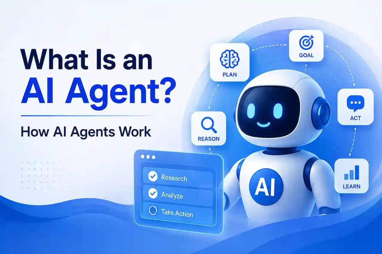 What Is an AI Agent? How AI Agents Work, featuring a blue-and-white AI robot surrounded by icons representing planning, reasoning, goals, action, learning, research, and analysis.